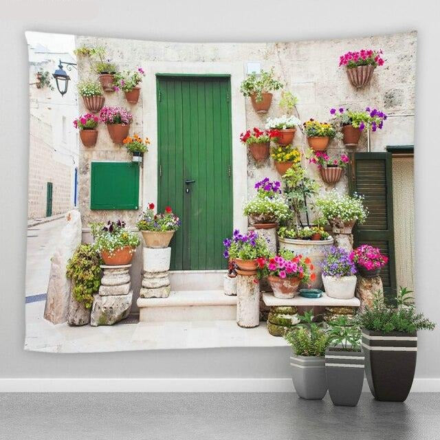 Green Door And Plant Pots Garden Tapestry – Clover Online