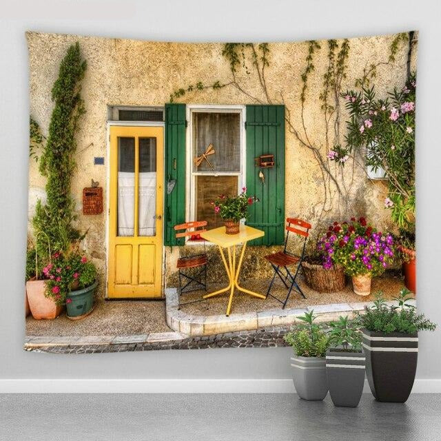 Yellow Door And Green Shutters Garden Tapestry - Clover Online