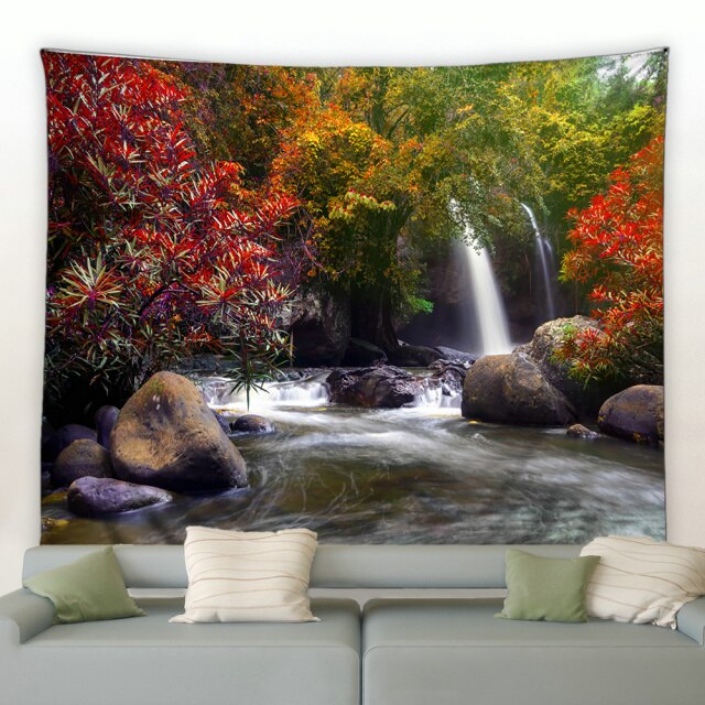 Natural Autumnal Forest Waterfall Garden Tapestry - Clover Online