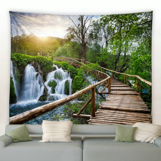 Sunset Bridge And Waterfall Garden Tapestry - Clover Online