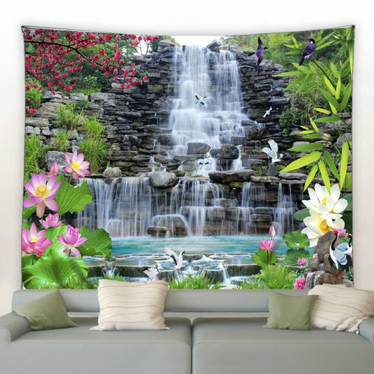 Cascading Waterfall With Flowers Garden Tapestry - Clover Online