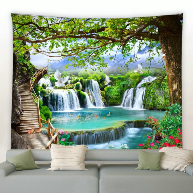 Jungle Waterfall And Bridge Garden Tapestry - Clover Online