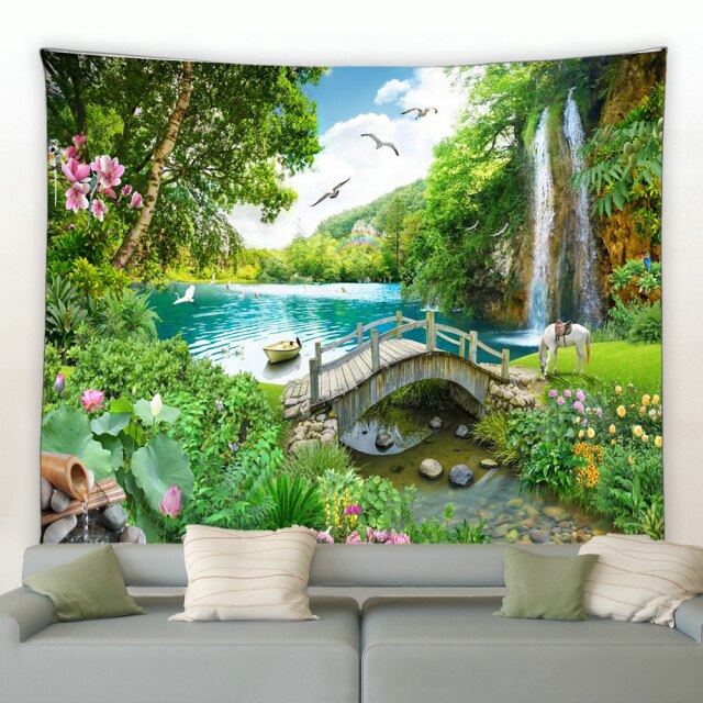 Rainforest Lake Bridge Garden Tapestry - Clover Online