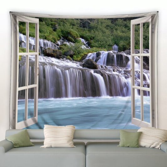 Window To Flowing Waterfall Lake Garden Tapestry - Clover Online