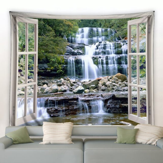 Window To Large Rocky Waterfall Garden Tapestry - Clover Online