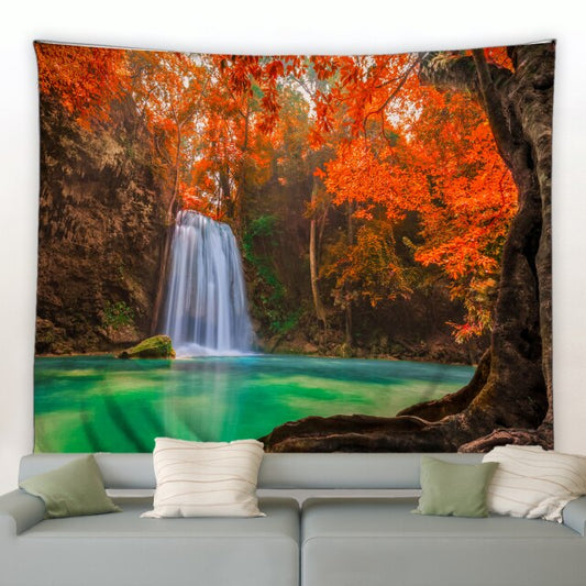 Autumn Swimming Pond Waterfall Garden Tapestry - Clover Online