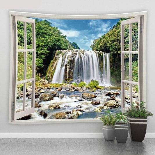 Window To Rocky Waterfall Garden Tapestry - Clover Online