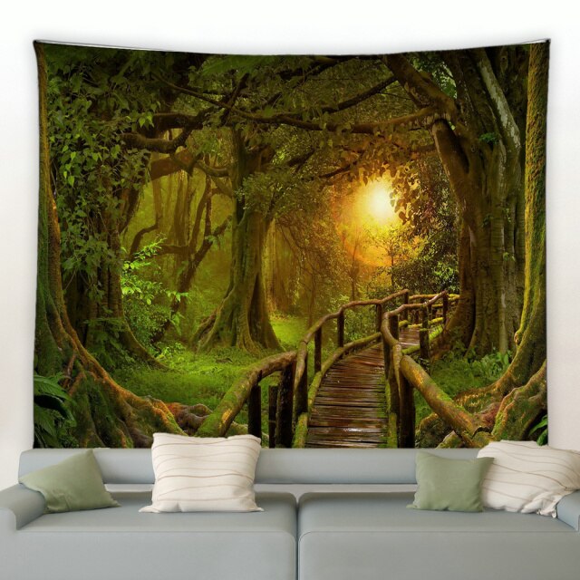 Sunset Woodland Bridge Garden Tapestry - Clover Online