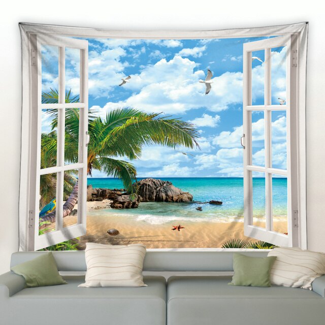 Window To Sandy Beach With Starfish Garden Tapestry - Clover Online