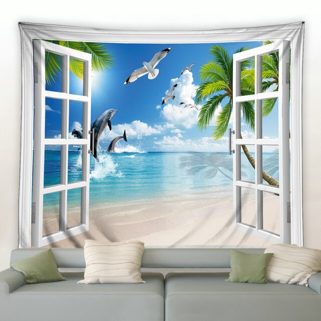 Window To Jumping Dolphins Garden Tapestry - Clover Online