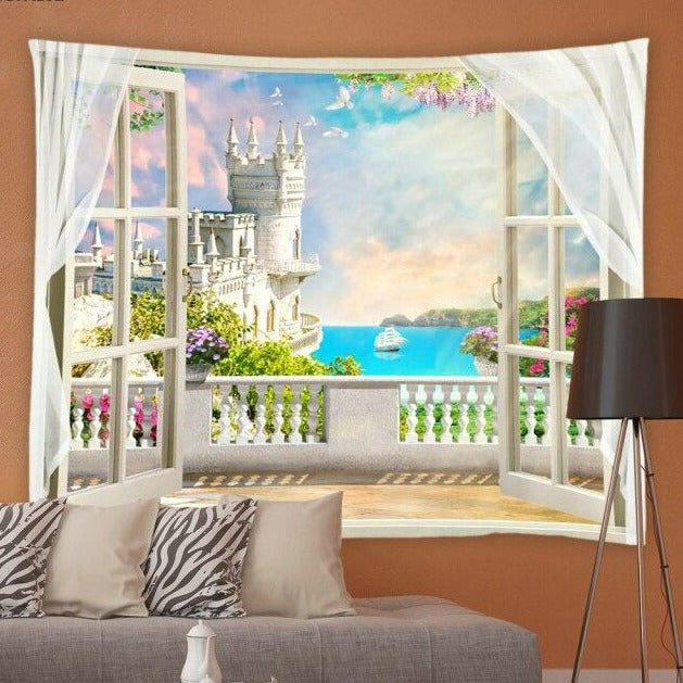 Window To Ocean And Castle Garden Tapestry - Clover Online
