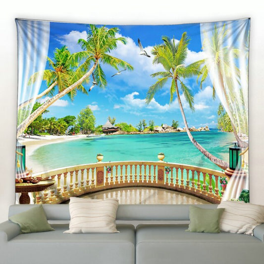 Balcony Ocean Palm Tree Garden Tapestry - Clover Online