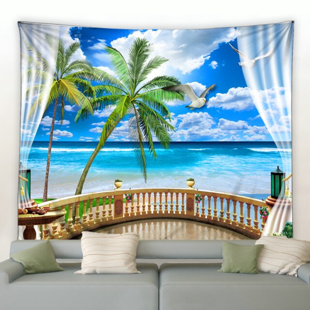 Balcony Palm Tree Beach Garden Tapestry - Clover Online