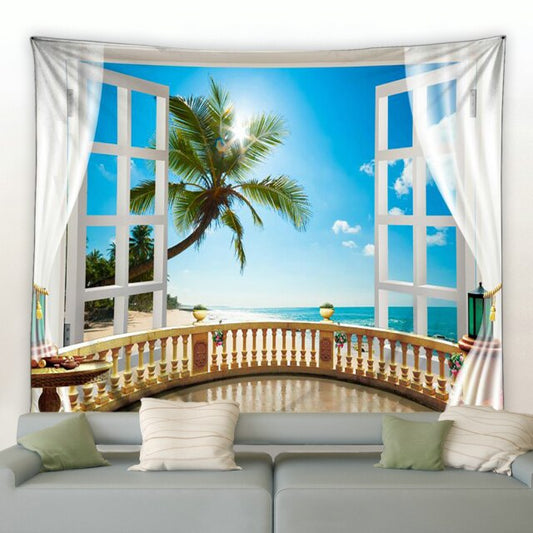 Window Balcony Palm Tree Beach Garden Tapestry - Clover Online