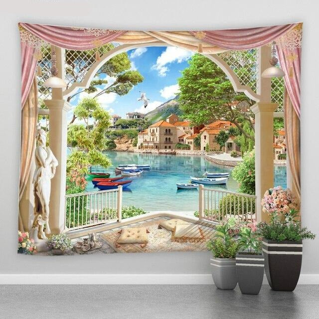 Pillar And Pink Drapes Sea View Garden Tapestry - Clover Online