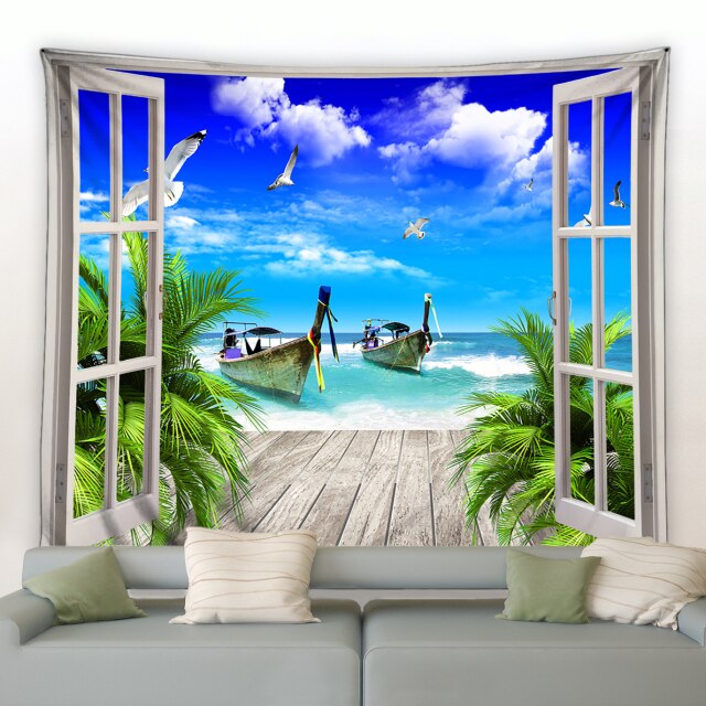 Window To Beach Fishing Boats Garden Tapestry - Clover Online