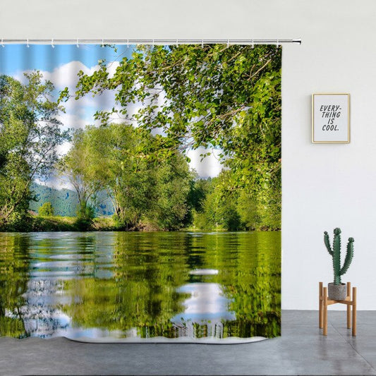 Reflective Water Natural Forest Shower Curtain - Clover Online