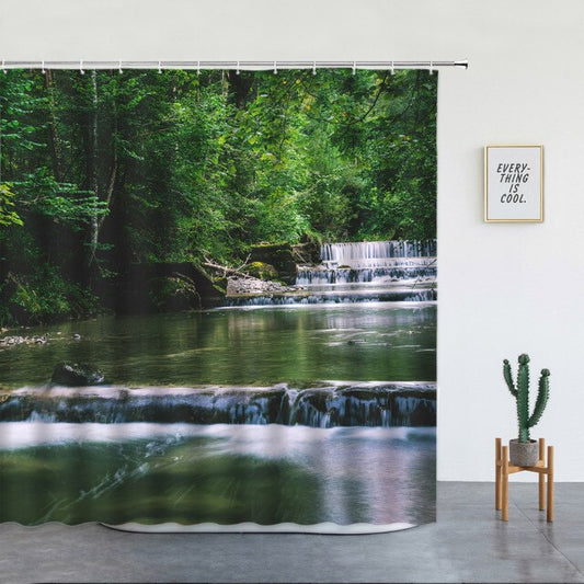 Natural Flowing Waterfall Forest Shower Curtain - Clover Online