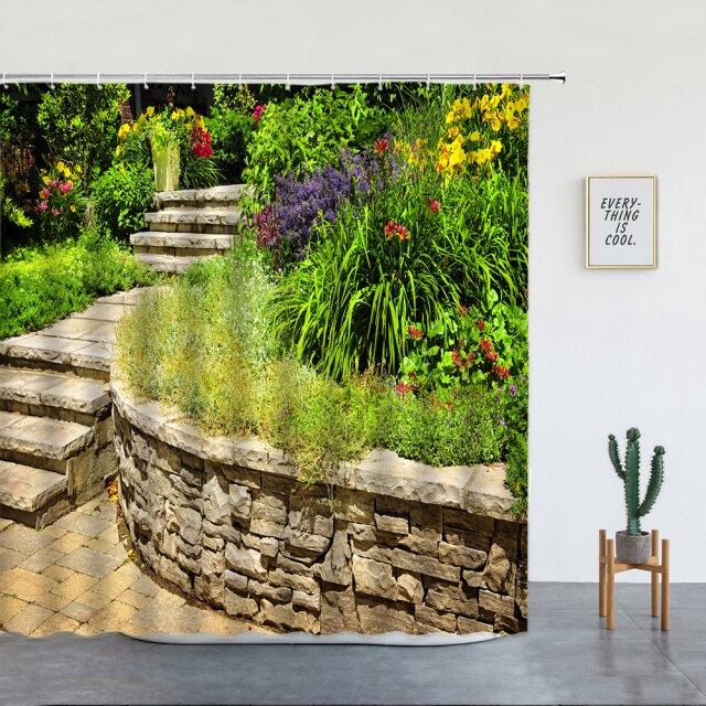 Garden Stone Wall And Steps Shower Curtain - Clover Online