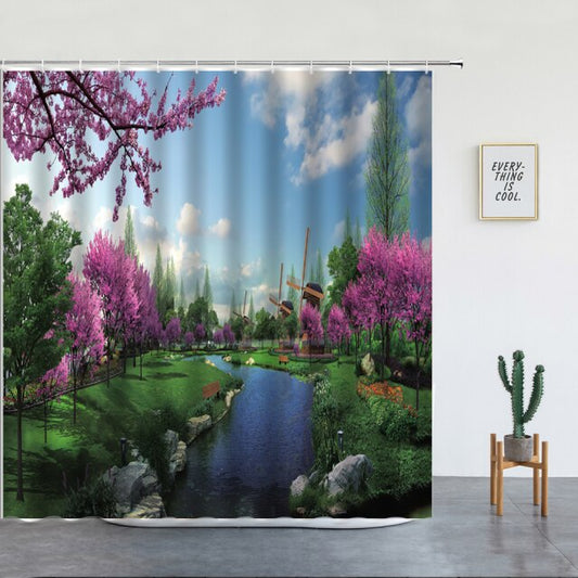 Spring Park Stream And Windmills Garden Shower Curtain - Clover Online