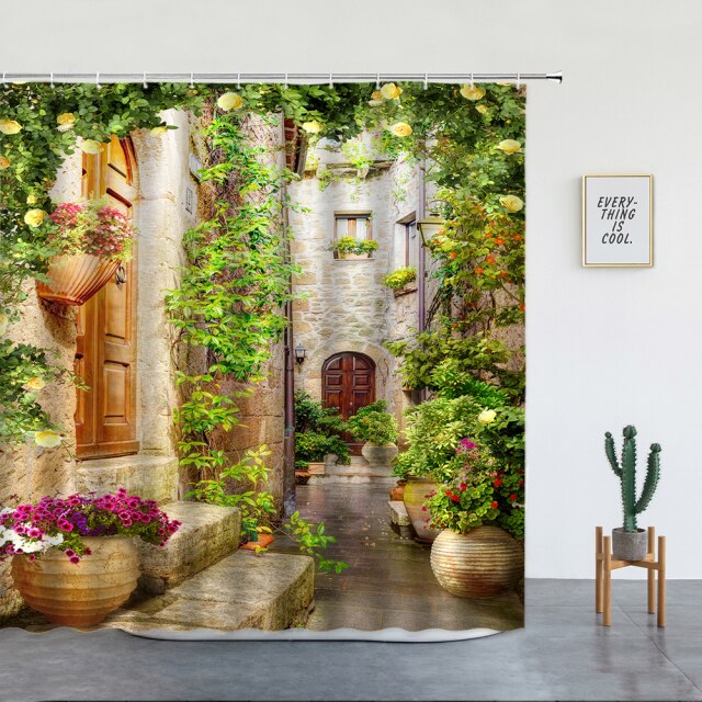 European Stone Building Climbing Flowers Garden Shower Curtain - Clover Online
