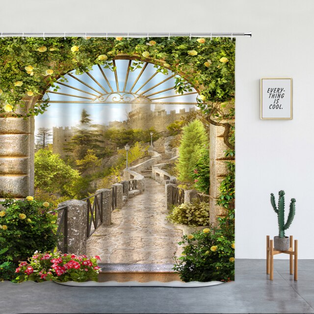 Hillside Castle Archway Garden Shower Curtain - Clover Online