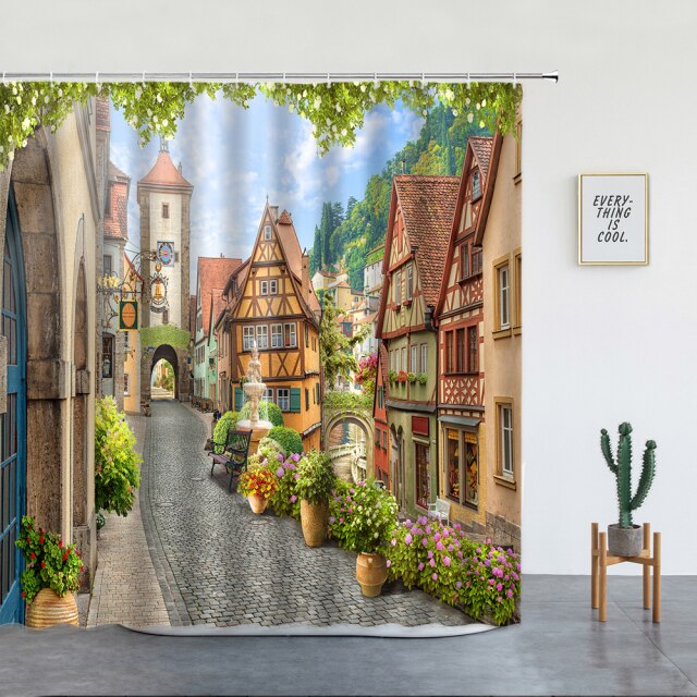 Flower Lined European Street Garden Shower Curtain - Clover Online
