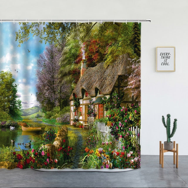 Thatch Cottage Pond Garden Shower Curtain - Clover Online