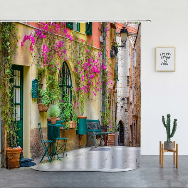 Old Town Square With Climbing Plants Shower Curtain - Clover Online