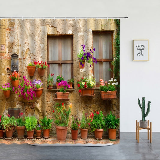 Retro Italian Building With Window Planters Shower Curtain - Clover Online