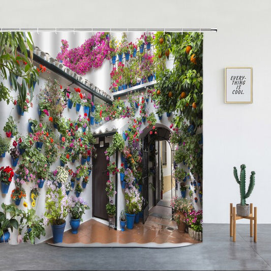 White Villa With Potted Plants Garden Shower Curtain - Clover Online