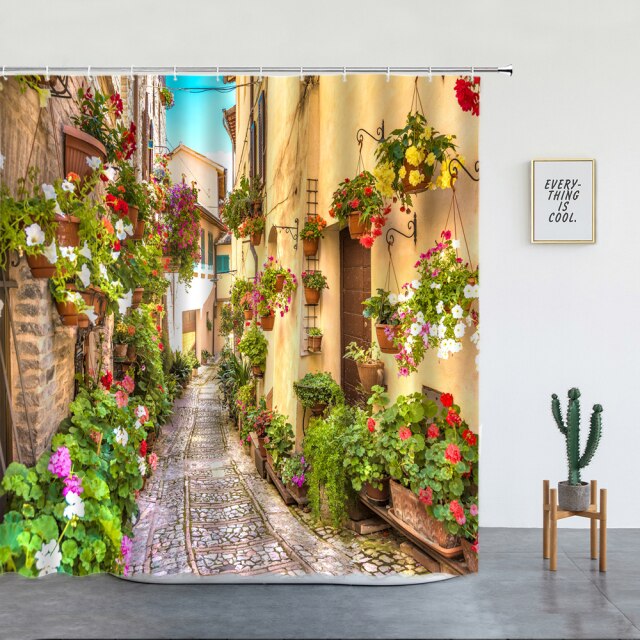 Flower Lined Italian Street Garden Shower Curtain - Clover Online