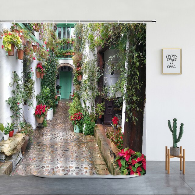 White Villa Courtyard Garden Shower Curtain - Clover Online