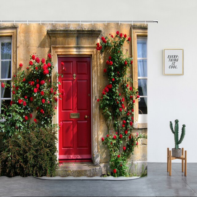 Red Door With Climbing Plants Garden Shower Curtain - Clover Online