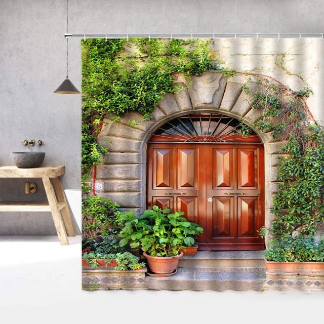Large Arched Brown Door Garden Shower Curtain - Clover Online