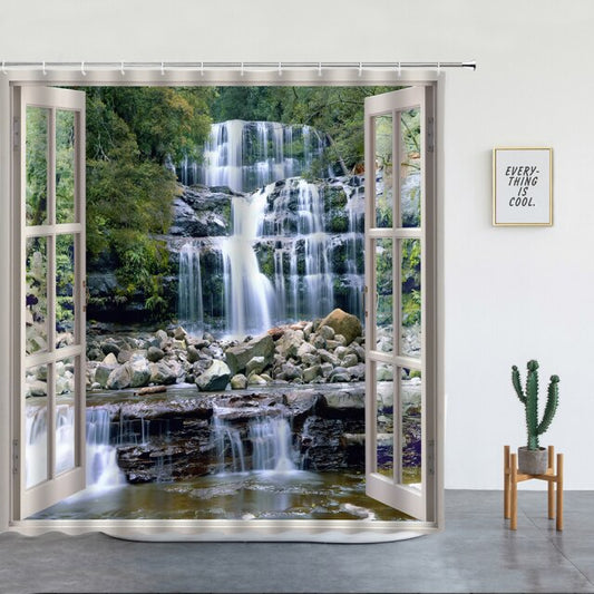 White Window To Rocky Waterfall Garden Shower Curtain - Clover Online