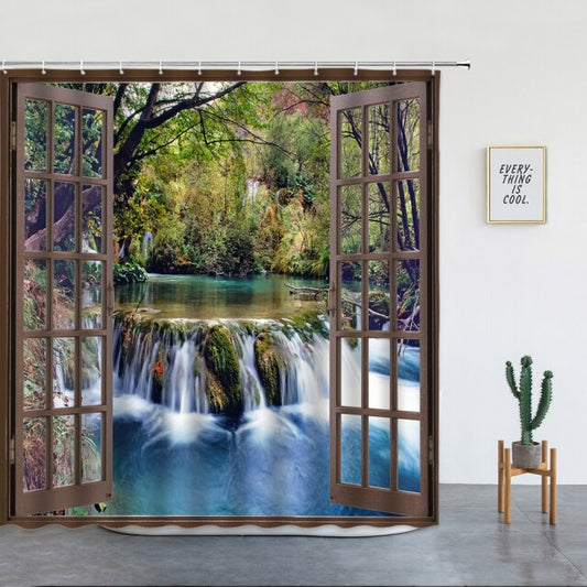 Brown Window To Forest Waterfall Garden Shower Curtain - Clover Online