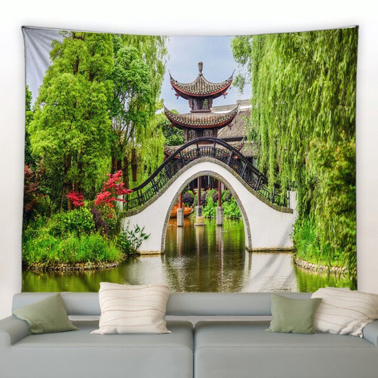 Chinese Garden Bridge Over Water Garden Tapestry - Clover Online