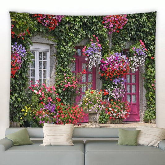 Pink And White Windows With Flowers Garden Tapestry - Clover Online