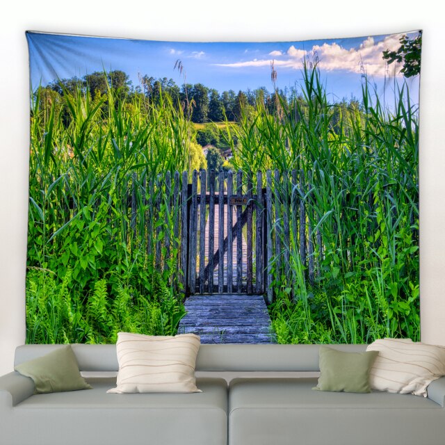 Gate In Green Field Garden Tapestry - Clover Online