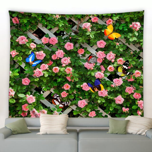 Trellis Style Fence With Roses And Butterflies Garden Tapestry - Clover Online
