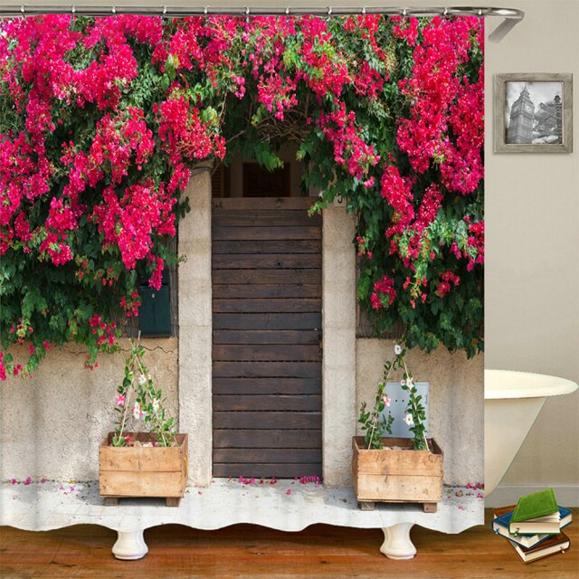 Brown Wooden Door With Red Climber Garden Shower Curtain - Clover Online