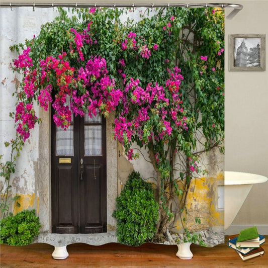 Brown Wooden Door With Pink Flowers Garden Shower Curtain - Clover Online