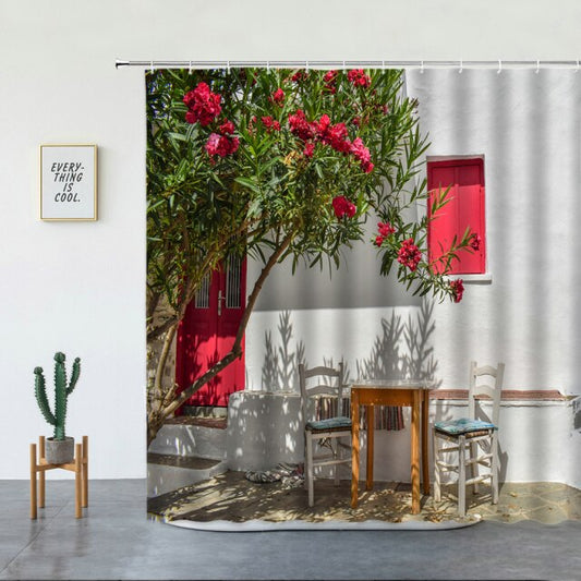 White Villa Outdoor Seating Garden Shower Curtain - Clover Online