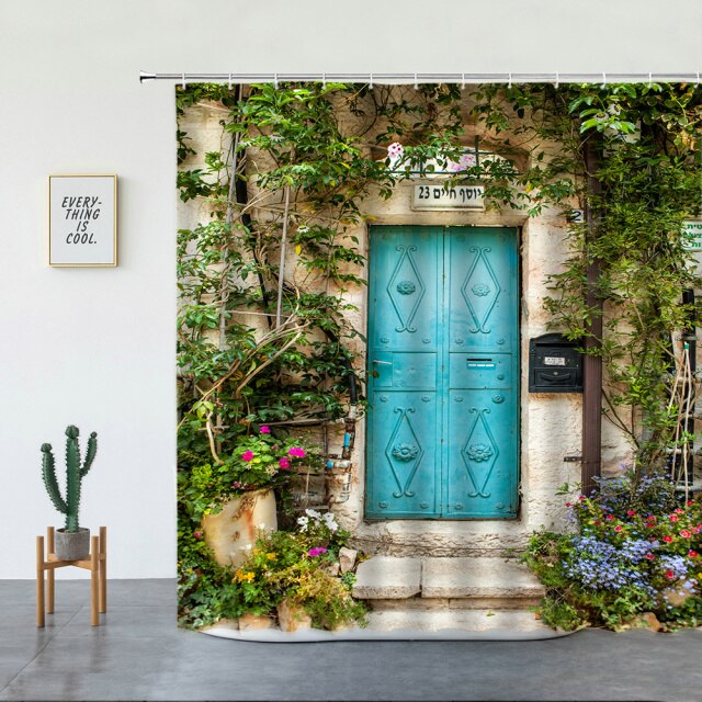 Building With Rustic Blue Metal Door Garden Shower Curtain - Clover Online