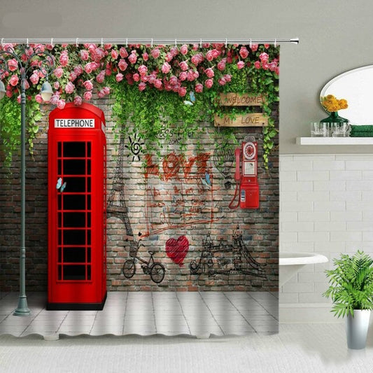 London Phone Box Garden Shower Curtain - Clover Online