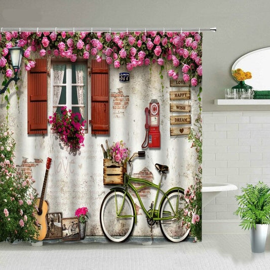 Building With Bike And Guitar Garden Shower Curtain - Clover Online