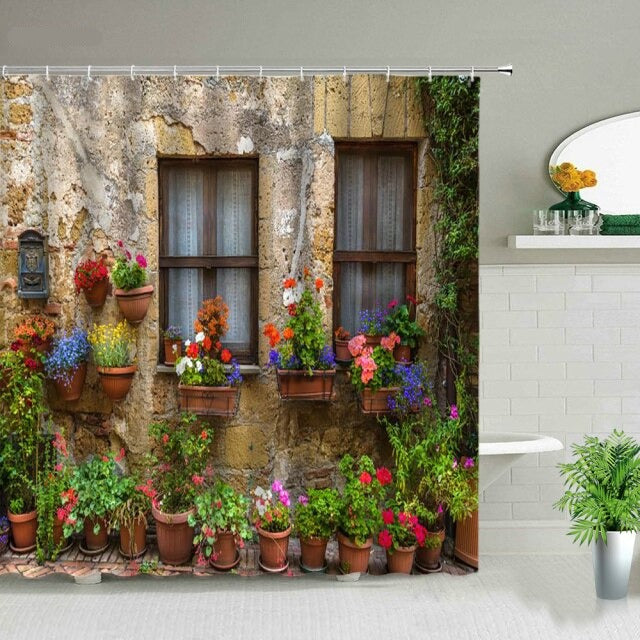 Stone Building With Brown Windows And Plants Garden Shower Curtain ...