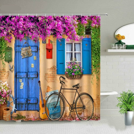 Colourful Building With Bike And Guitar Garden Shower Curtain - Clover Online