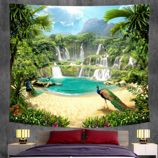 Tropical Beach With Peacocks And Waterfall Garden Tapestry - Clover Online